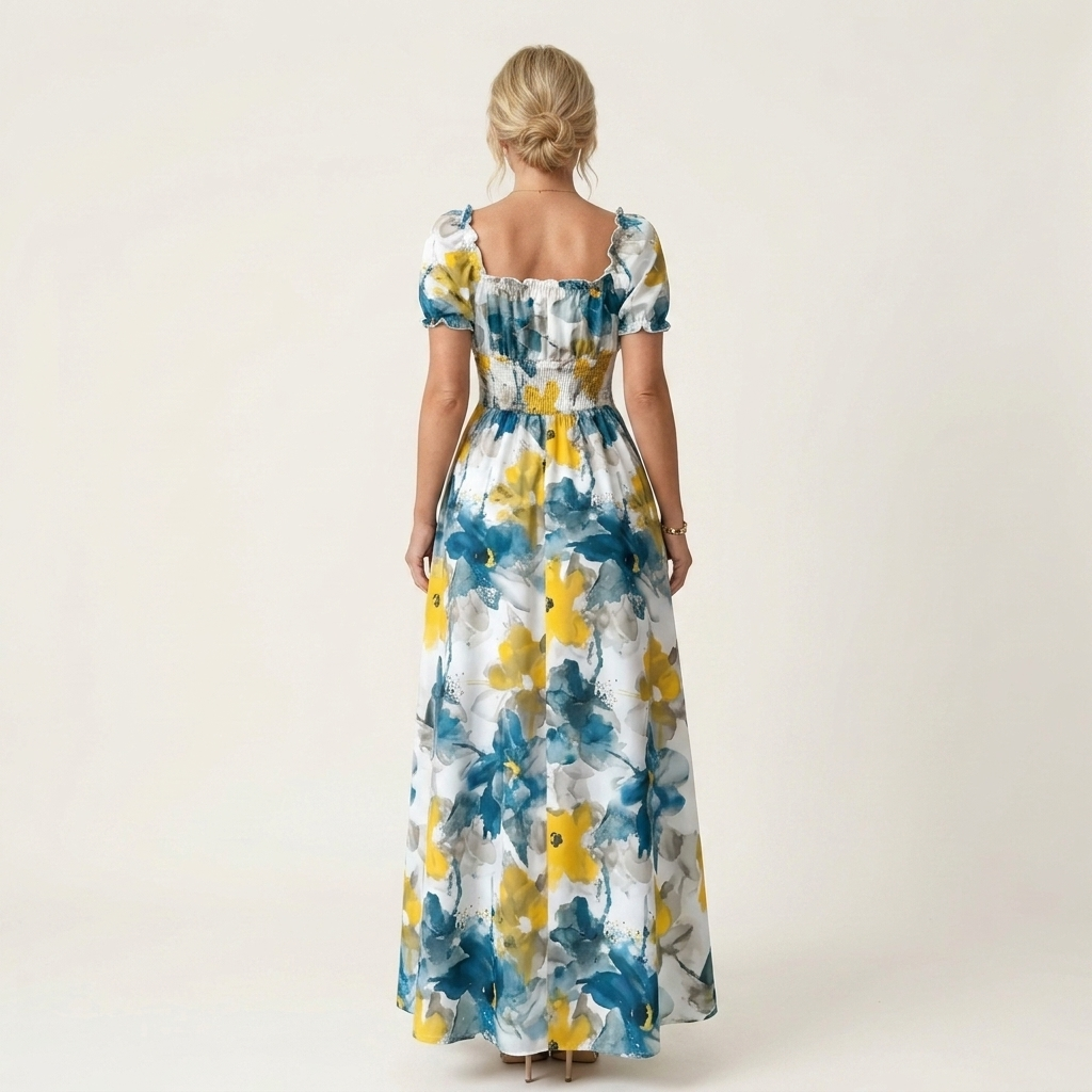 Rivelia | V-Neck Puff-Sleeve Smocked-Waist Floral Maxi Dress