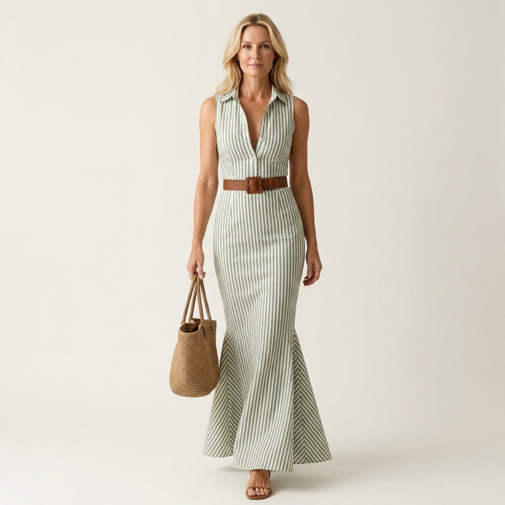 Sophia | Collared Deep V-Neck Sleeveless Stripe Belted Maxi Dress