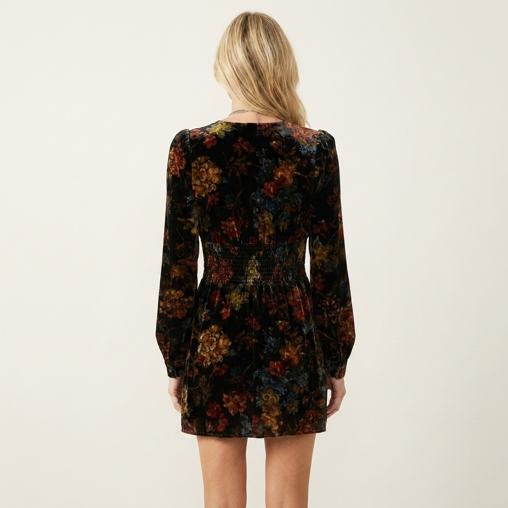 Christie | Deep V-Neck Lantern-Sleeve Floral Velvet Mini Dress