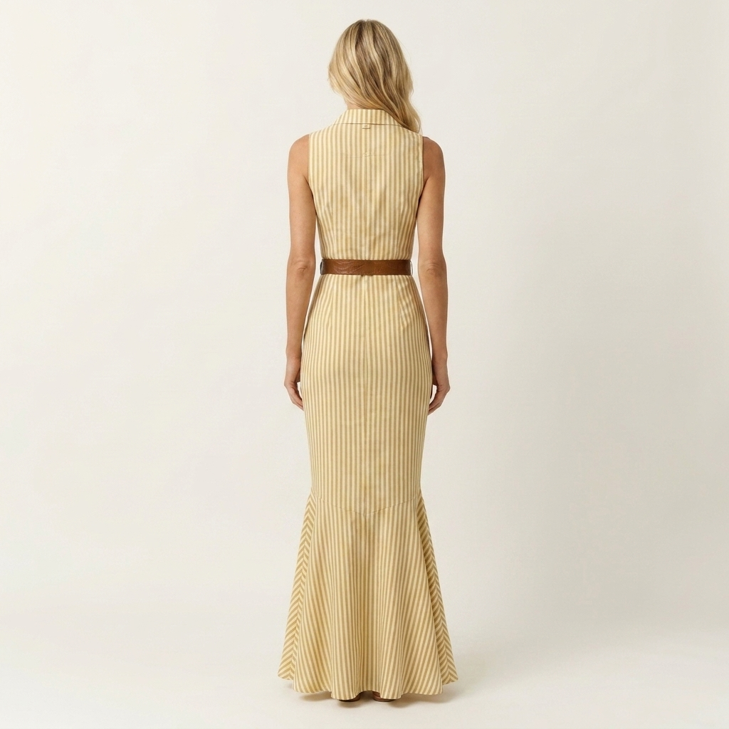Sophia | Collared Deep V-Neck Sleeveless Stripe Belted Maxi Dress