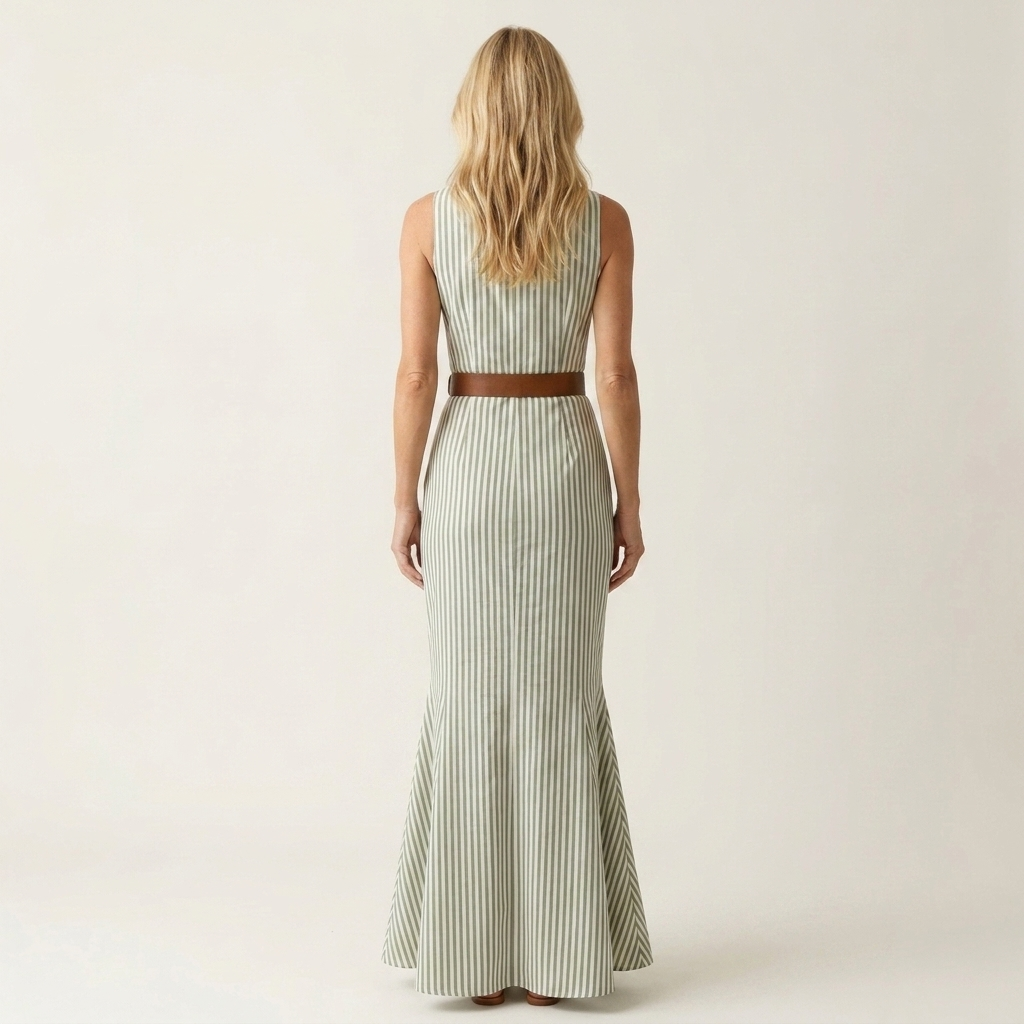 Sophia | Collared Deep V-Neck Sleeveless Stripe Belted Maxi Dress
