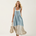 Celiora | Square-Neck Wide-Strap Color-Block Linen Maxi Dress
