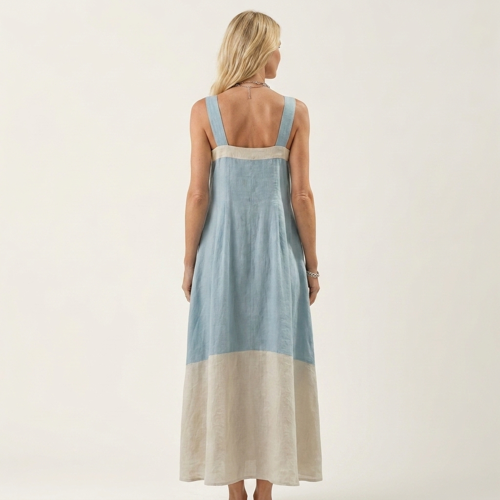 Celiora | Square-Neck Wide-Strap Color-Block Linen Maxi Dress