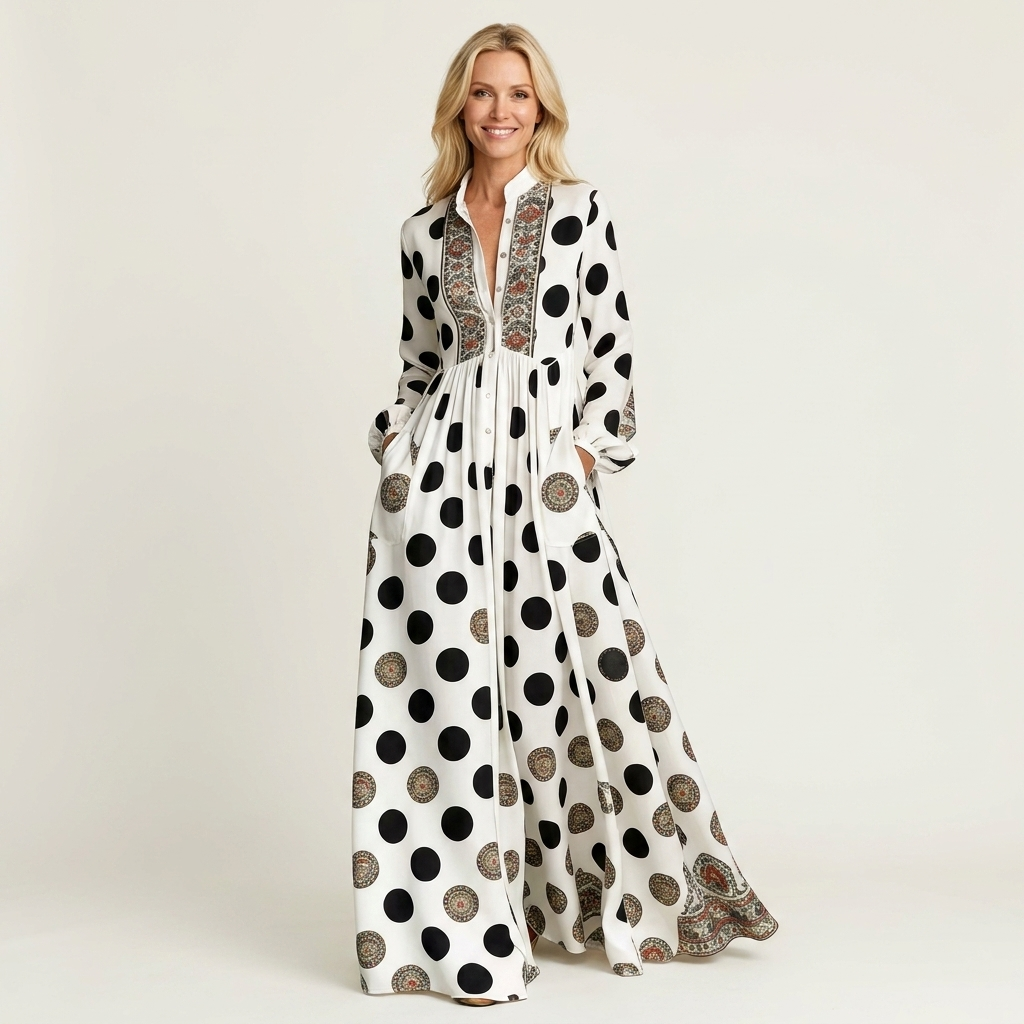 Venetia | Stand-Collar Long-Sleeve Button-Front Printed A-Line Maxi Dress
