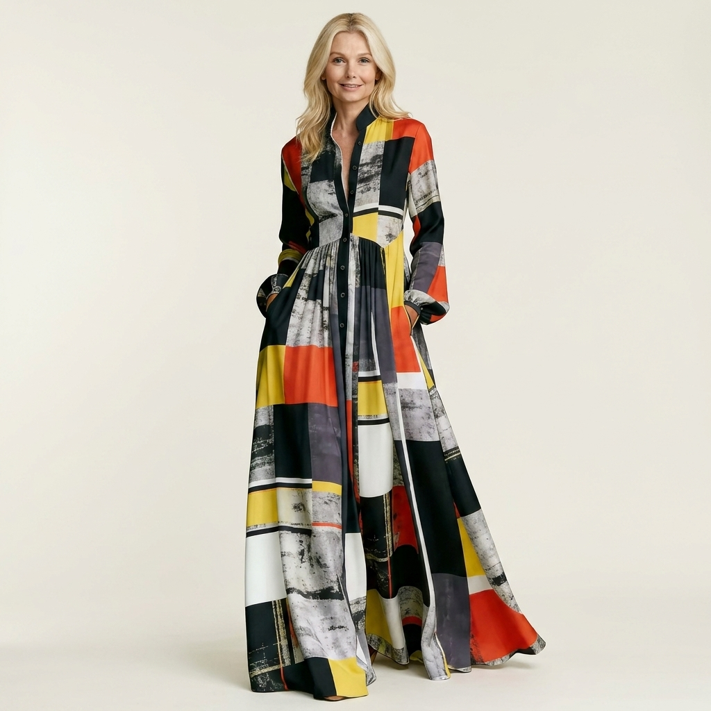 Venetia | Stand-Collar Long-Sleeve Button-Front Printed A-Line Maxi Dress 5