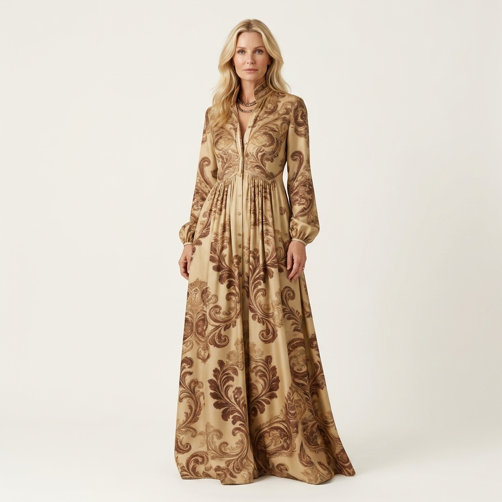 Venetia | Stand-Collar Long-Sleeve Button-Front Printed A-Line Maxi Dress 11