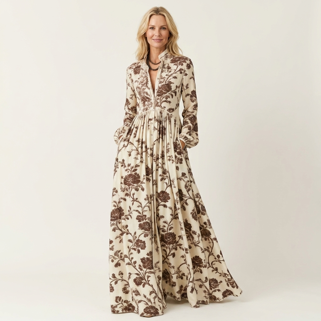 Venetia | Stand-Collar Long-Sleeve Button-Front Printed A-Line Maxi Dress 2