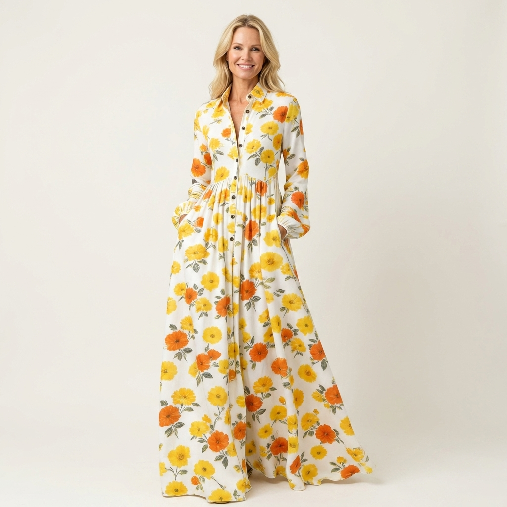 Venetia | Stand-Collar Long-Sleeve Button-Front Printed A-Line Maxi Dress 4