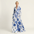 Venetia | Stand-Collar Long-Sleeve Button-Front Printed A-Line Maxi Dress 12