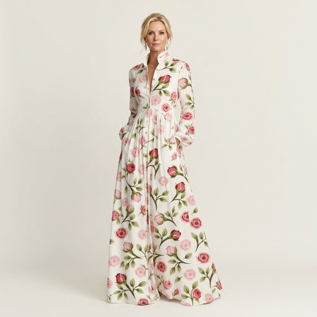 Venetia | Stand-Collar Long-Sleeve Button-Front Printed A-Line Maxi Dress 13