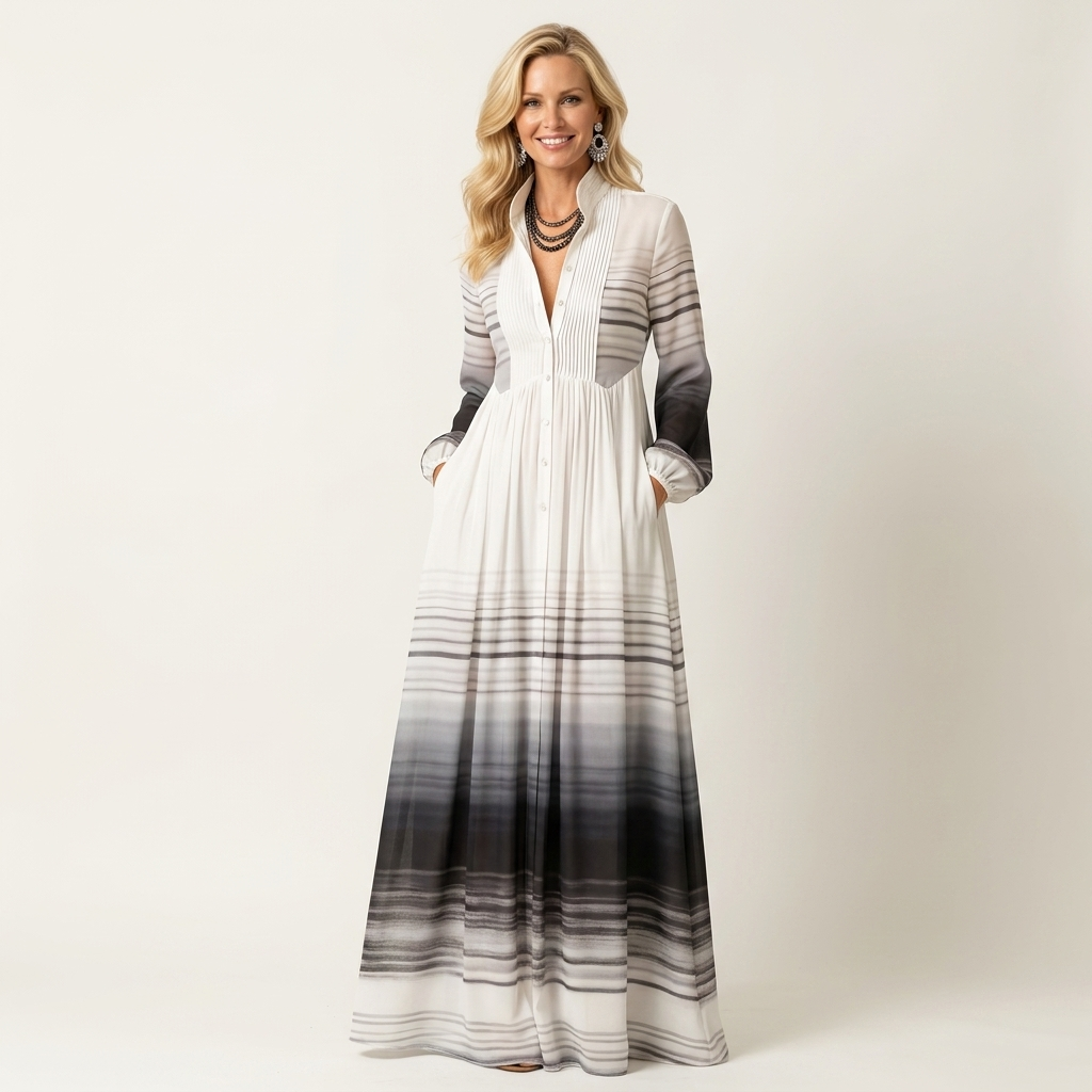 Venetia | Stand-Collar Long-Sleeve Button-Front Printed A-Line Maxi Dress 14