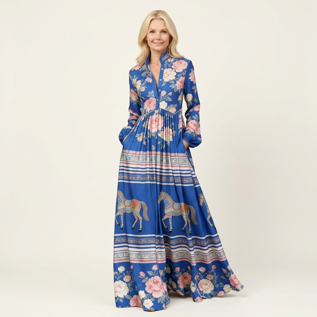Venetia | Stand-Collar Long-Sleeve Button-Front Printed A-Line Maxi Dress 15