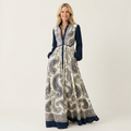 Venetia | Stand-Collar Long-Sleeve Button-Front Printed A-Line Maxi Dress 16
