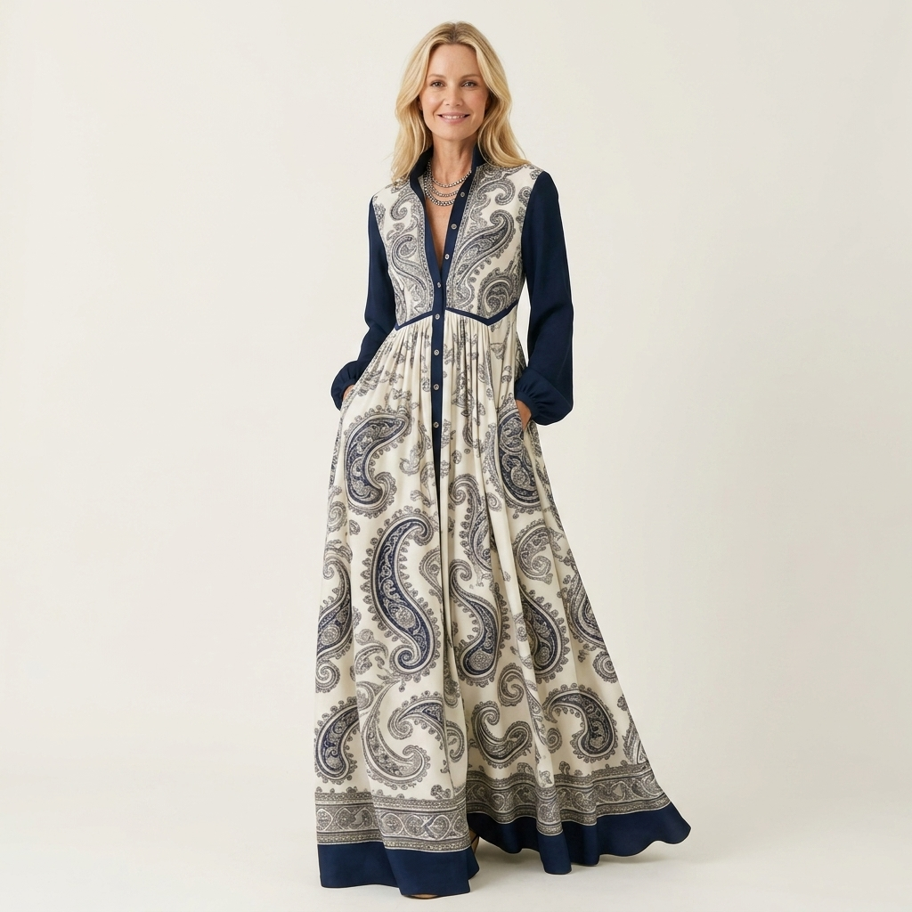 Venetia | Stand-Collar Long-Sleeve Button-Front Printed A-Line Maxi Dress 16
