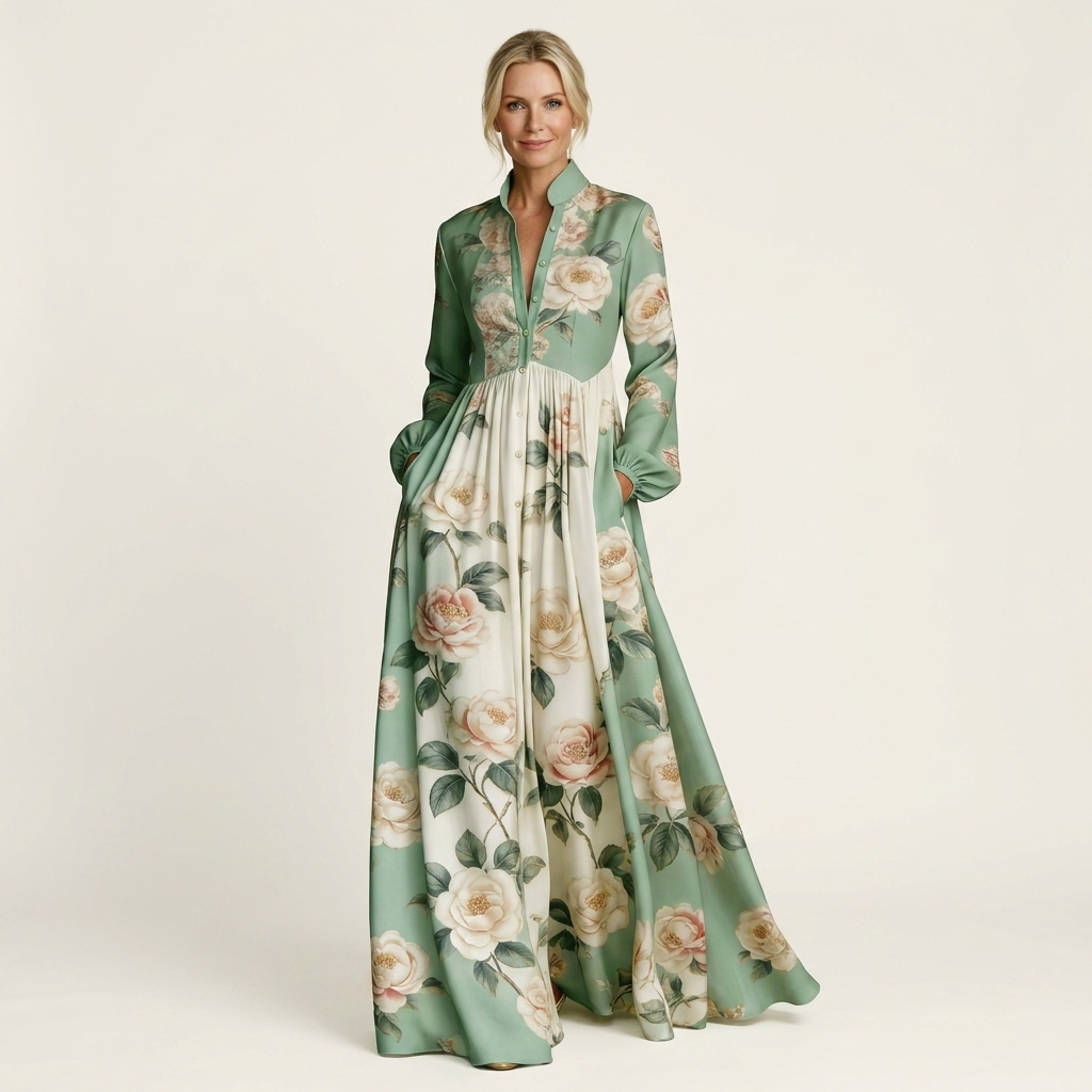 Venetia | Stand-Collar Long-Sleeve Button-Front Printed A-Line Maxi Dress 17