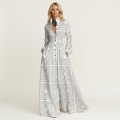 Venetia | Stand-Collar Long-Sleeve Button-Front Printed A-Line Maxi Dress 18