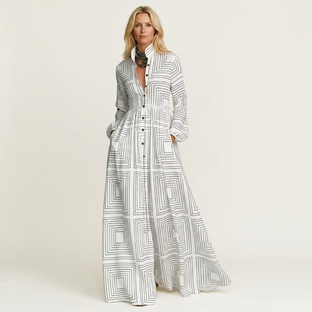 Venetia | Stand-Collar Long-Sleeve Button-Front Printed A-Line Maxi Dress 18
