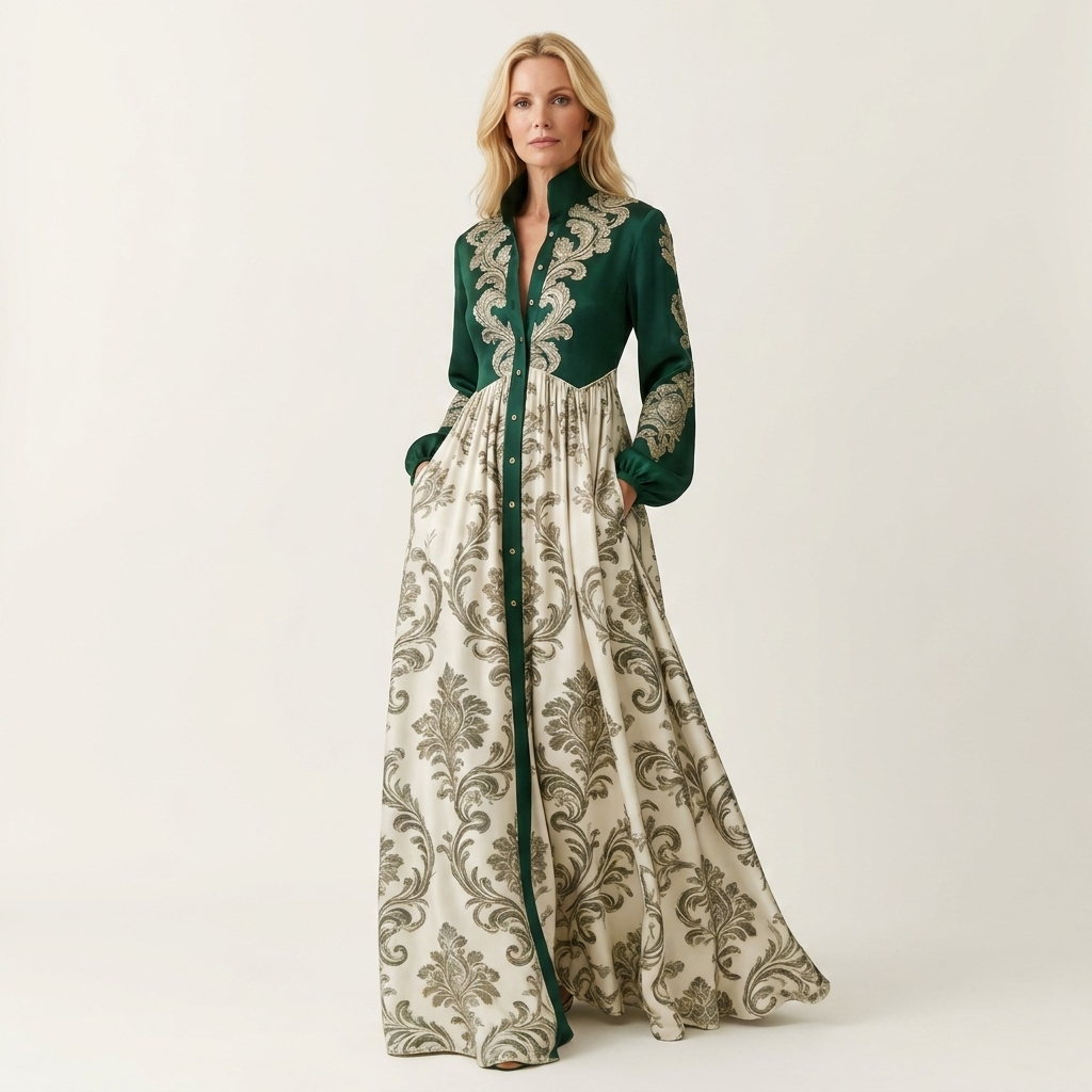 Venetia | Stand-Collar Long-Sleeve Button-Front Printed A-Line Maxi Dress 19