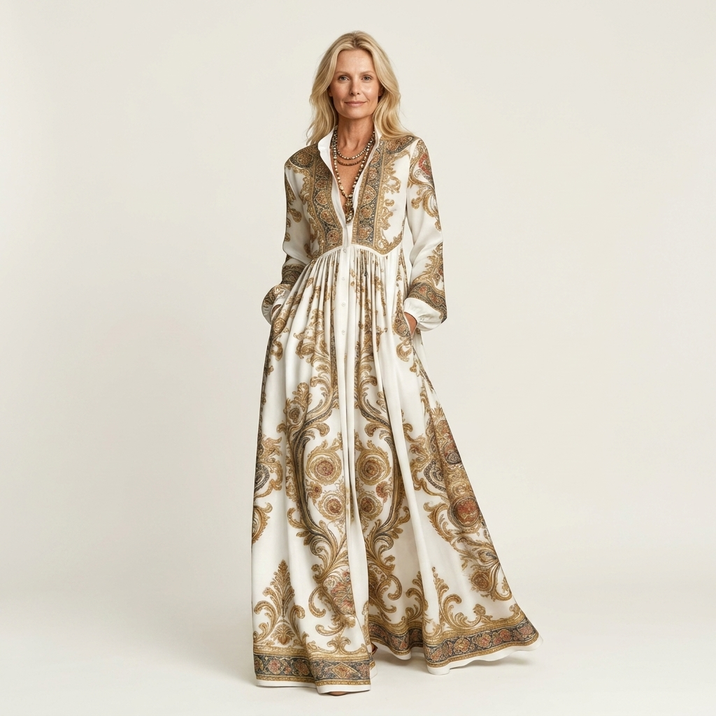 Venetia | Stand-Collar Long-Sleeve Button-Front Printed A-Line Maxi Dress 8