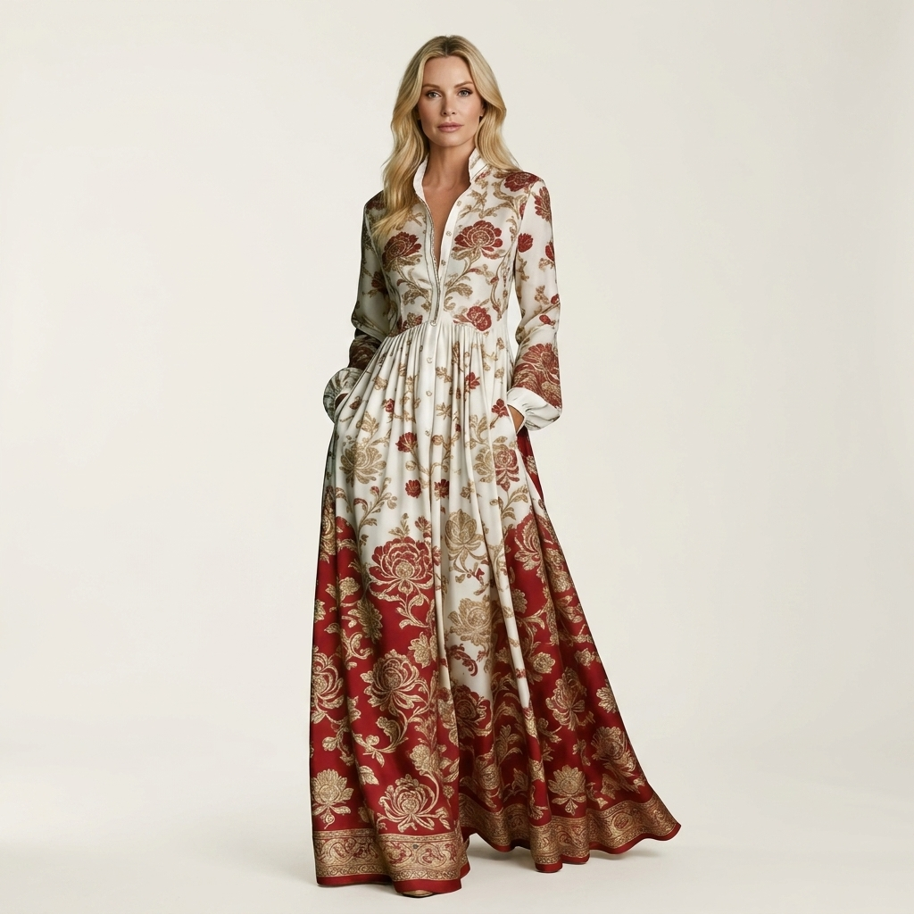 Venetia | Stand-Collar Long-Sleeve Button-Front Printed A-Line Maxi Dress 9