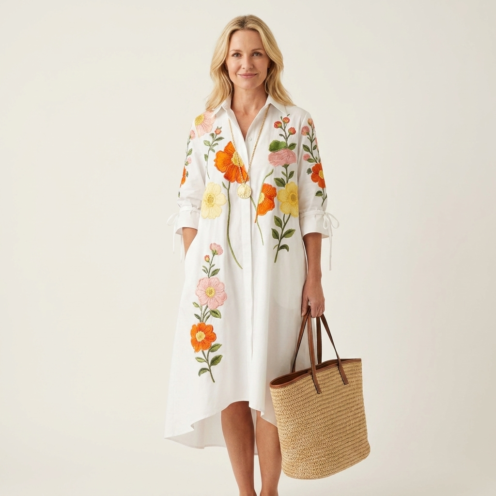 Debra | Collared Floral Embroidered Tie-Sleeve Ruffle-Hem Midi Dress