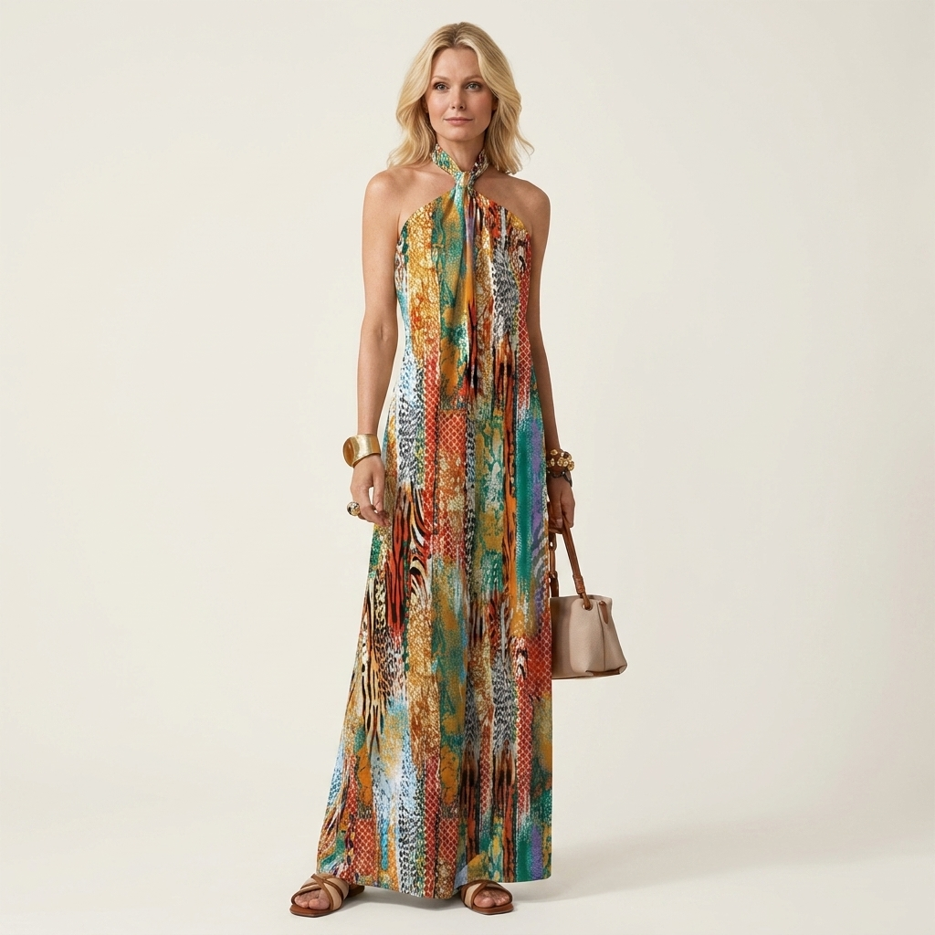 Tabithah | Halter Mock-Neck Tie-Back Open-Back Mixed Animal Print Maxi Dress