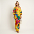 Rosy | One-Shoulder Puff-Sleeve Abstract Art Print Relaxed Maxi Dress