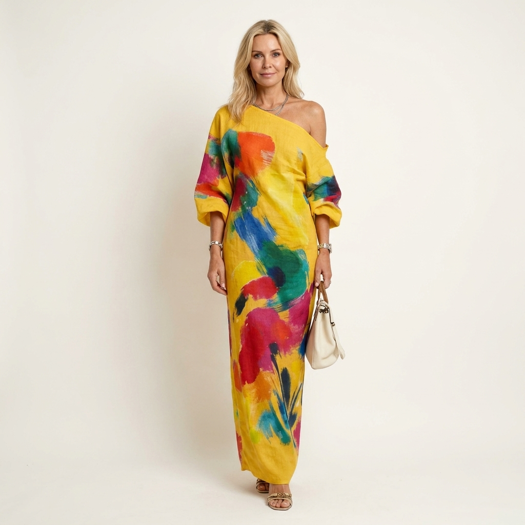 Rosy | One-Shoulder Puff-Sleeve Abstract Art Print Relaxed Maxi Dress