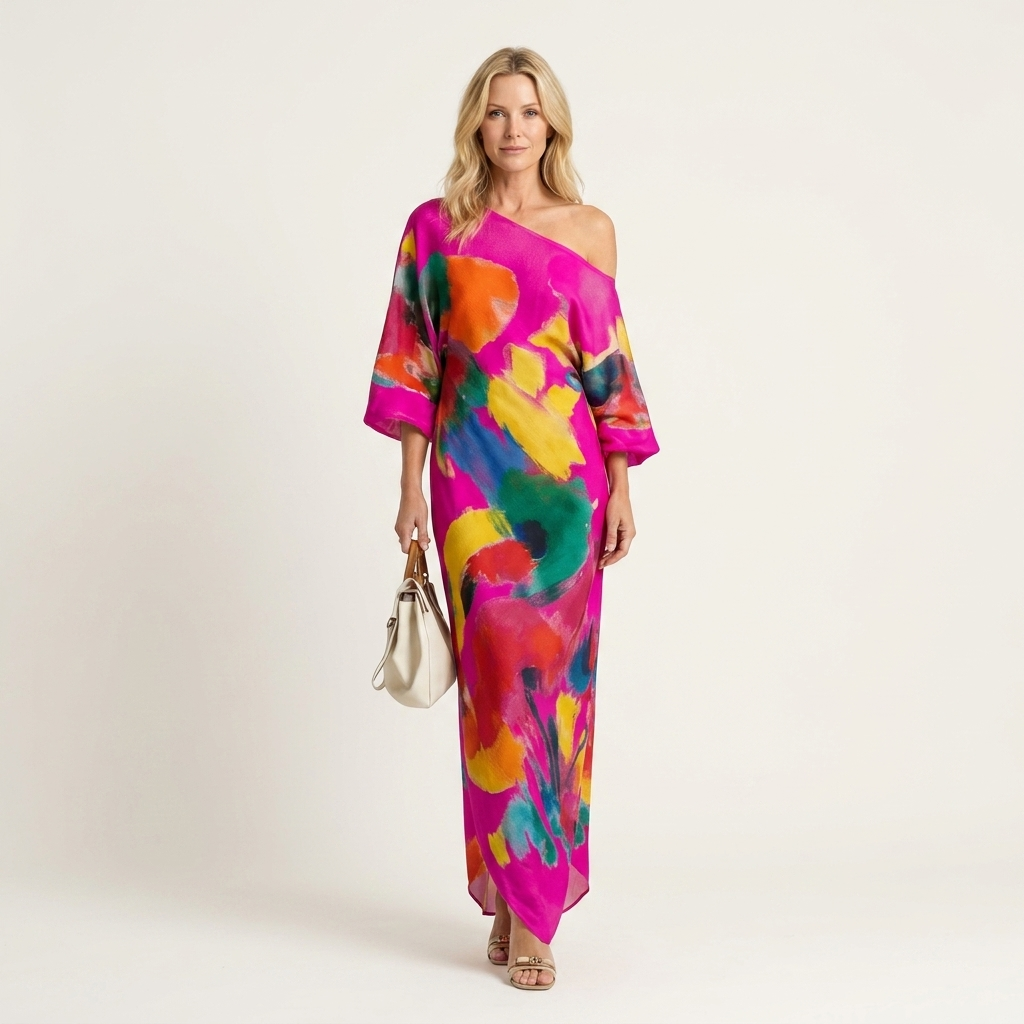 Rosy | One-Shoulder Puff-Sleeve Abstract Art Print Relaxed Maxi Dress