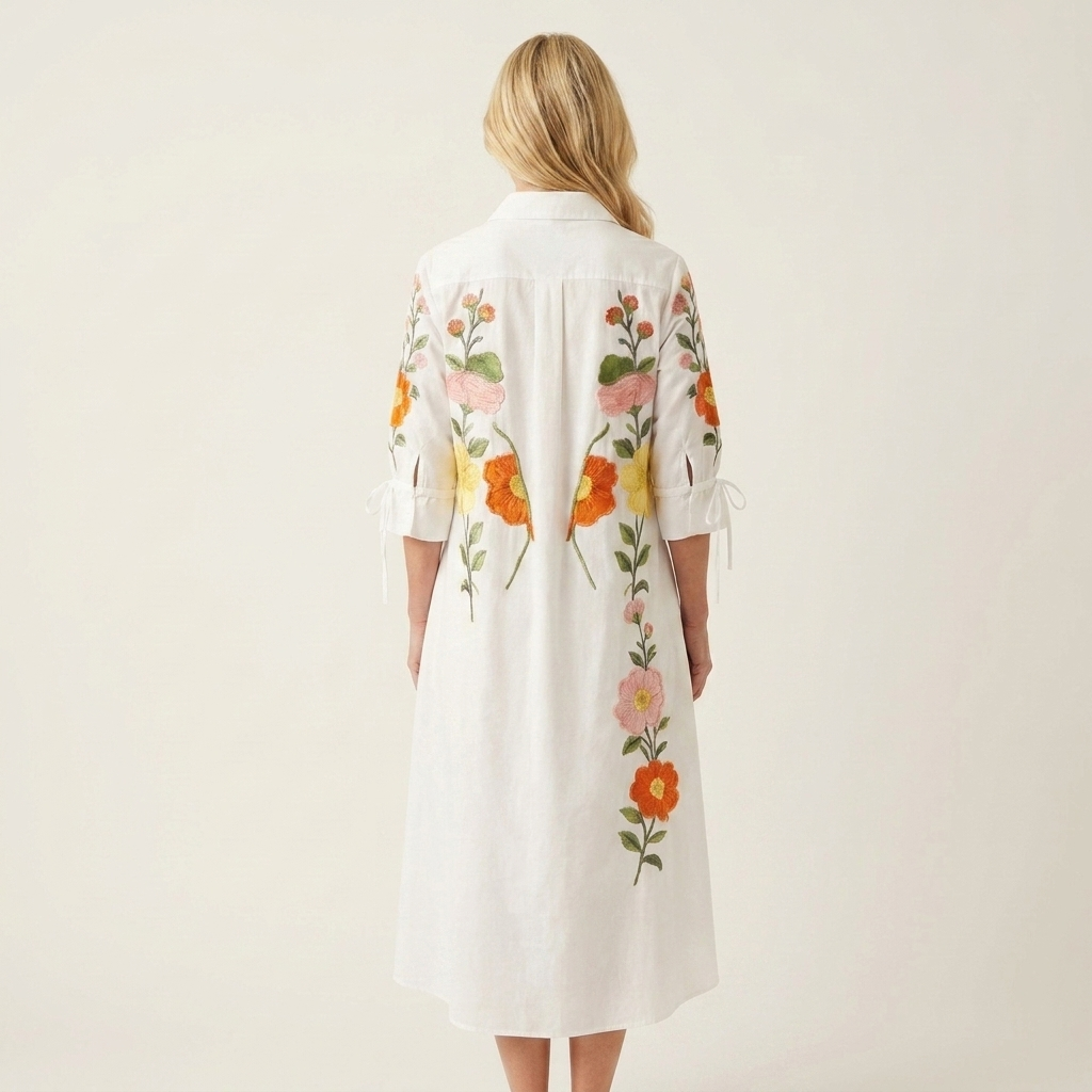 Debra | Collared Floral Embroidered Tie-Sleeve Ruffle-Hem Midi Dress