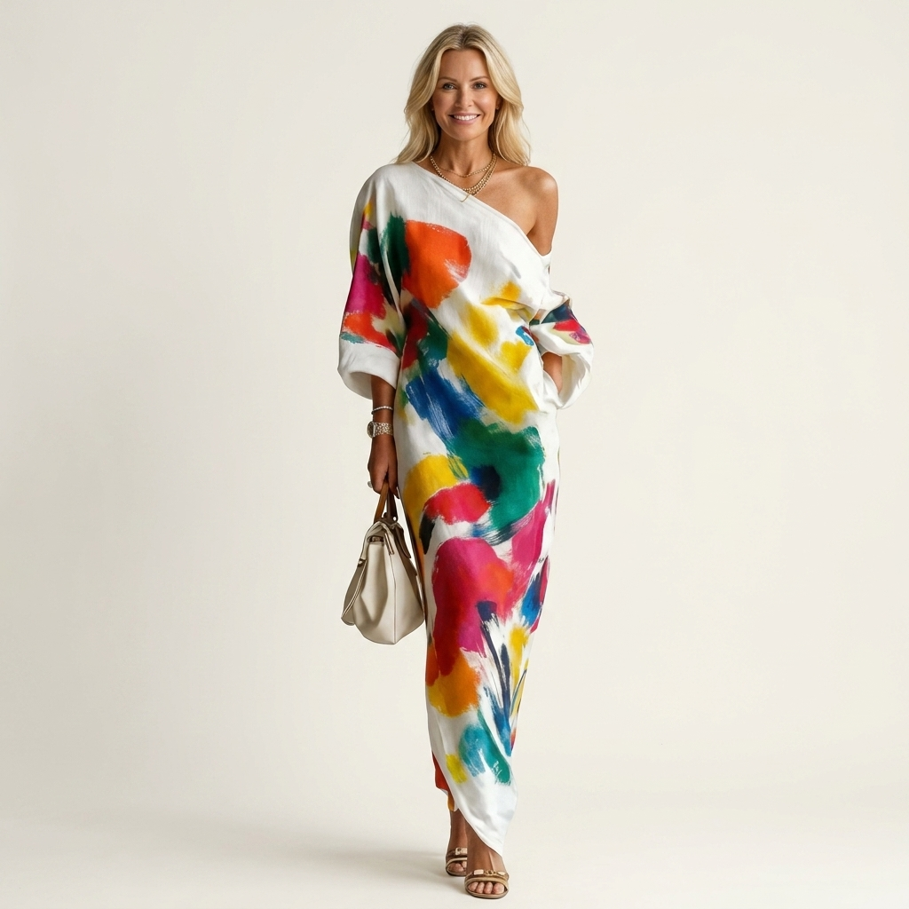 Rosy | One-Shoulder Puff-Sleeve Abstract Art Print Relaxed Maxi Dress