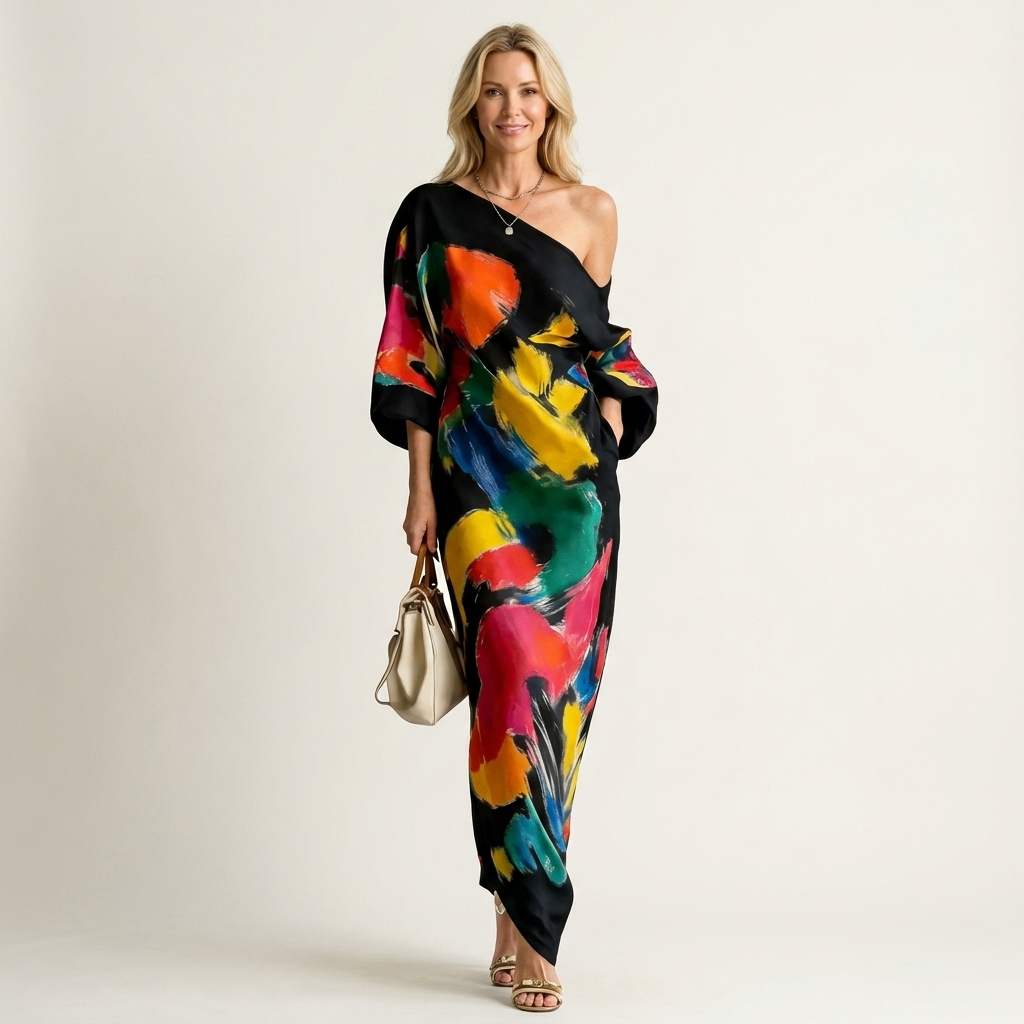 Rosy | One-Shoulder Puff-Sleeve Abstract Art Print Relaxed Maxi Dress