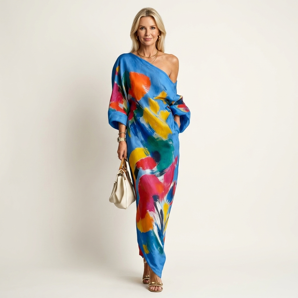 Rosy | One-Shoulder Puff-Sleeve Abstract Art Print Relaxed Maxi Dress