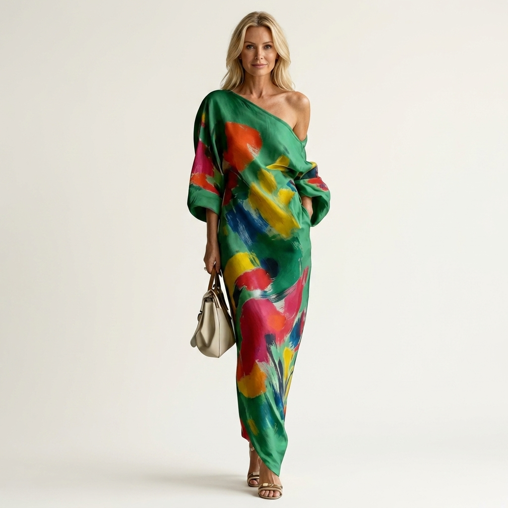 Rosy | One-Shoulder Puff-Sleeve Abstract Art Print Relaxed Maxi Dress