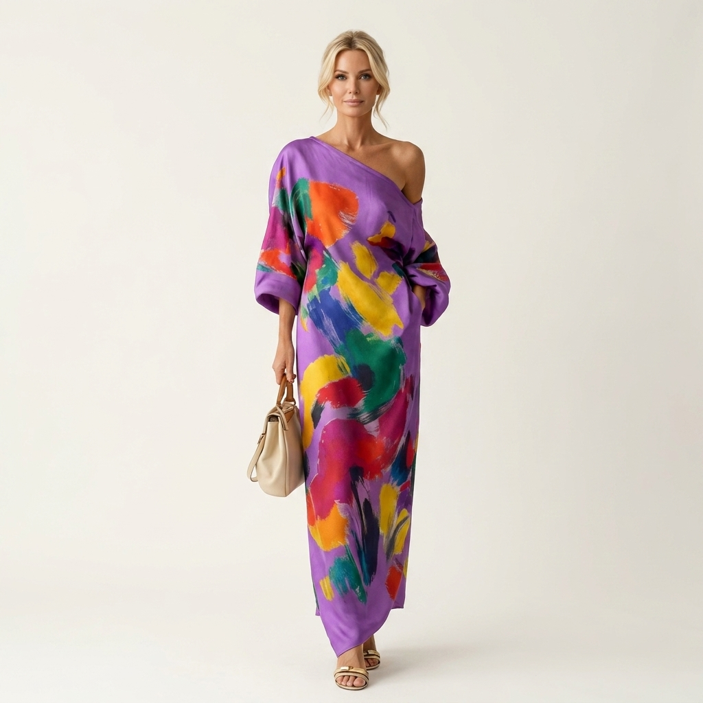 Rosy | One-Shoulder Puff-Sleeve Abstract Art Print Relaxed Maxi Dress
