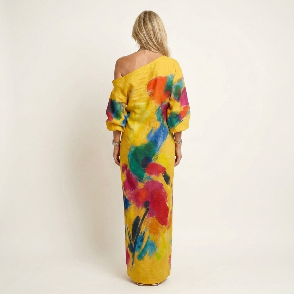 Rosy | One-Shoulder Puff-Sleeve Abstract Art Print Relaxed Maxi Dress
