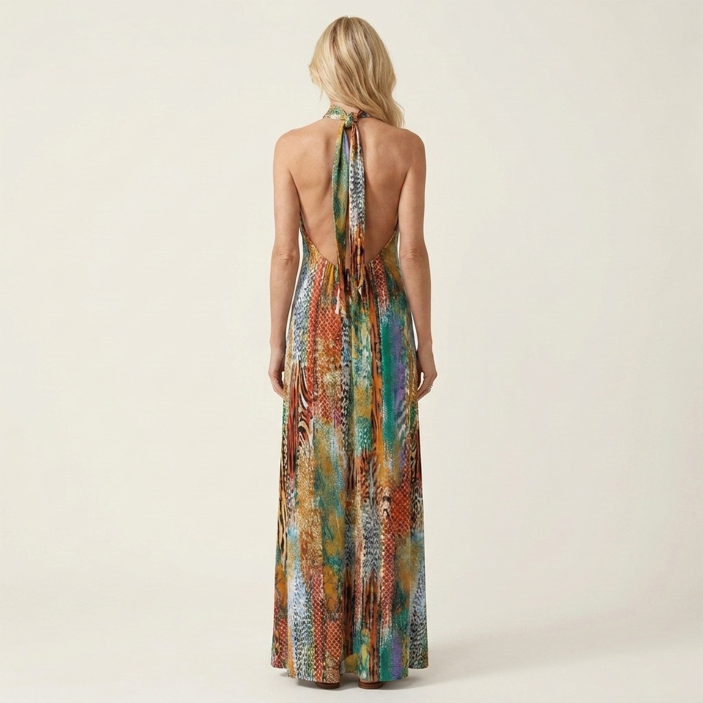 Tabithah | Halter Mock-Neck Tie-Back Open-Back Mixed Animal Print Maxi Dress