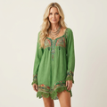Roselin | V-Neck Long-Sleeve Embroidered Tassel-Hem Boho Mini Dress