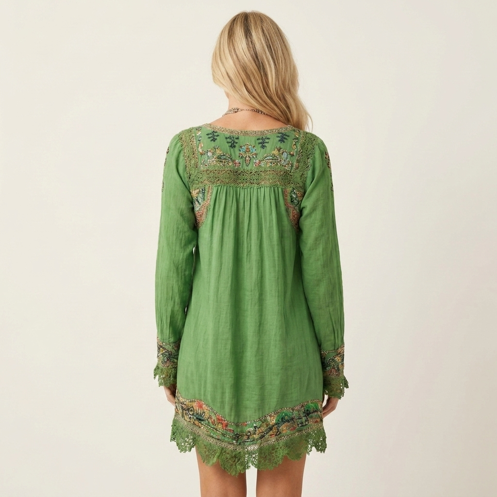 Roselin | V-Neck Long-Sleeve Embroidered Tassel-Hem Boho Mini Dress