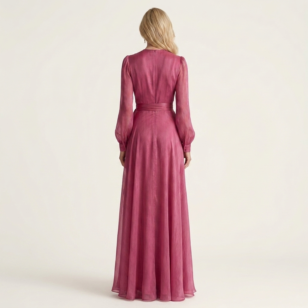 Rylana | Deep V-Neck Long-Sleeve Belted Chiffon Maxi Dress With Slit