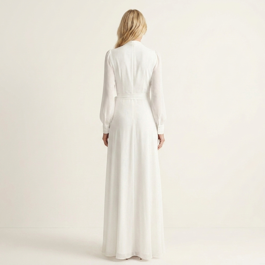 Rylana | Deep V-Neck Long-Sleeve Belted Chiffon Maxi Dress With Slit