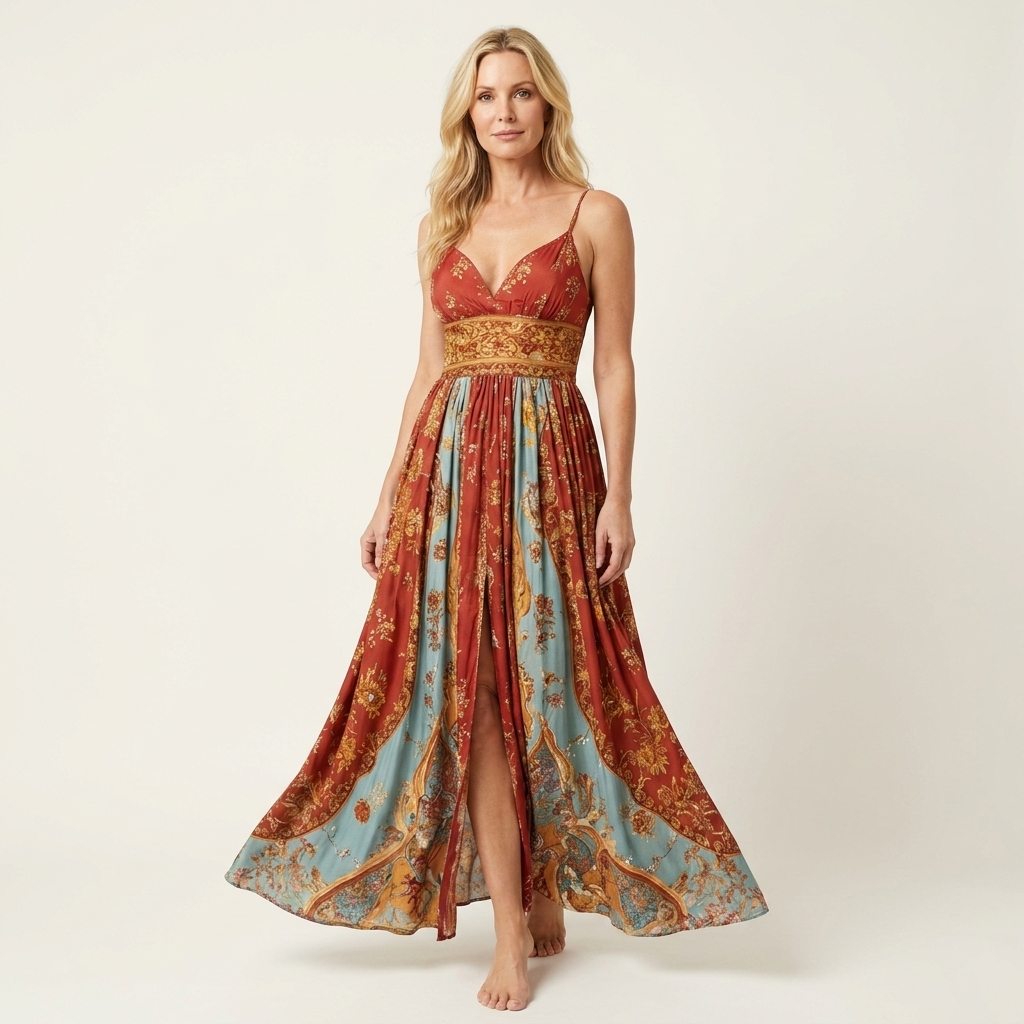 Stella | Spaghetti-Strap V-Neck Paisley Patchwork Floral Maxi Dress