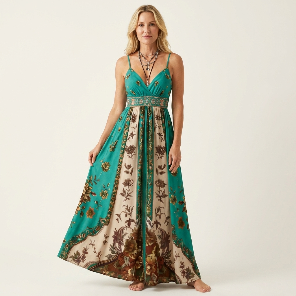 Stella | Spaghetti-Strap V-Neck Paisley Patchwork Floral Maxi Dress