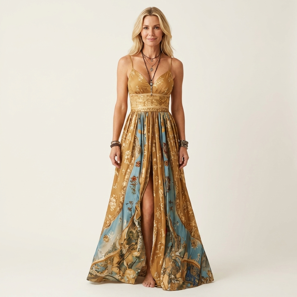 Stella | Spaghetti-Strap V-Neck Paisley Patchwork Floral Maxi Dress