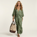 Demi | Deep V-Neck Batwing-Sleeve Front-Twist Leopard Print Maxi Dress