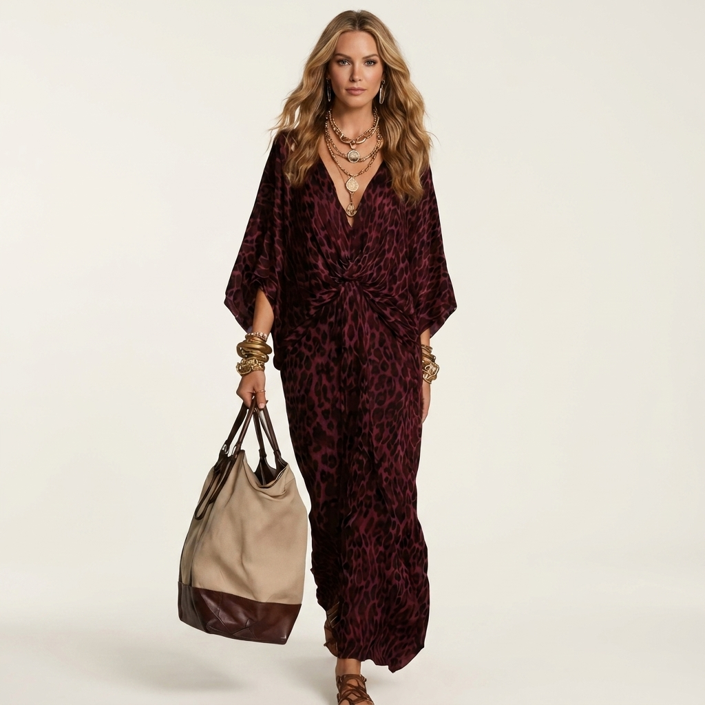 Demi | Deep V-Neck Batwing-Sleeve Front-Twist Leopard Print Maxi Dress