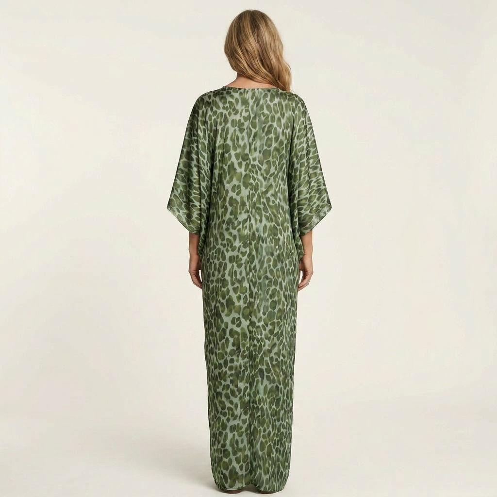 Demi | Deep V-Neck Batwing-Sleeve Front-Twist Leopard Print Maxi Dress