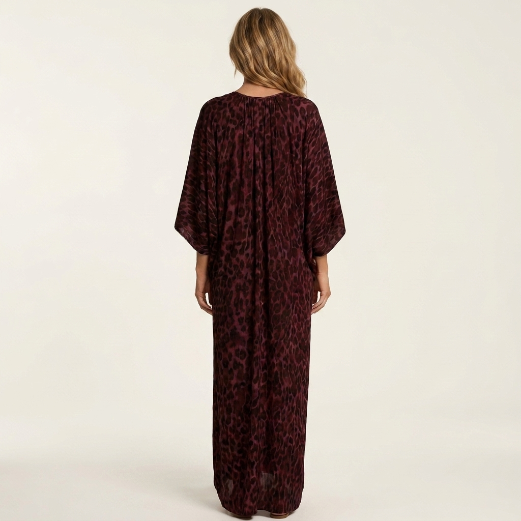 Demi | Deep V-Neck Batwing-Sleeve Front-Twist Leopard Print Maxi Dress