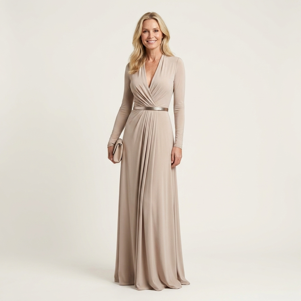 Raina | Deep V-Neck Long-Sleeve Ruched-Waist Belted Maxi Dress