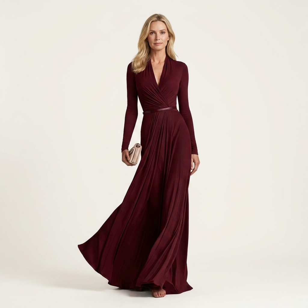 Raina | Deep V-Neck Long-Sleeve Ruched-Waist Belted Maxi Dress